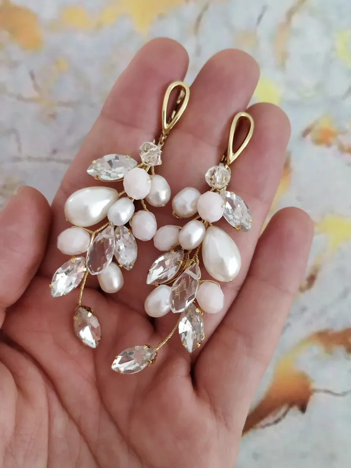 Freshwater Pearl Wedding Earrings Boho Wedding Earrings Swarovski Crystal Bridal Earrings Rose Gold Wedding Earrings Long Bridal Earrings