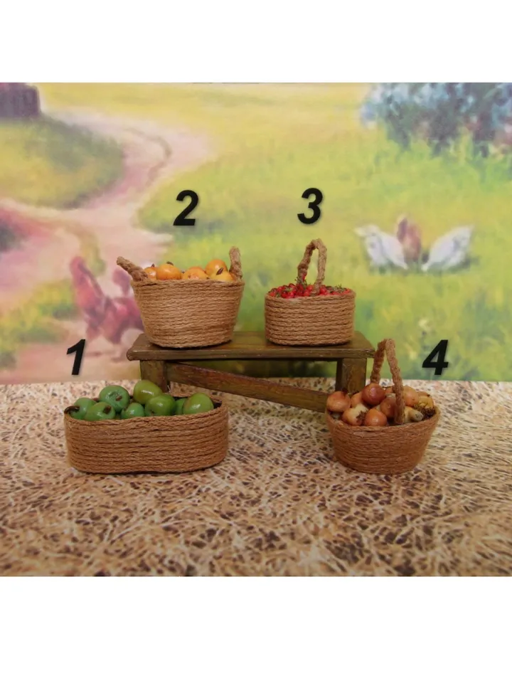 Miniature baskets with vegetables and fruits.1:12 scale.Dollhouse miniature. Realistic baskets.Handmade.