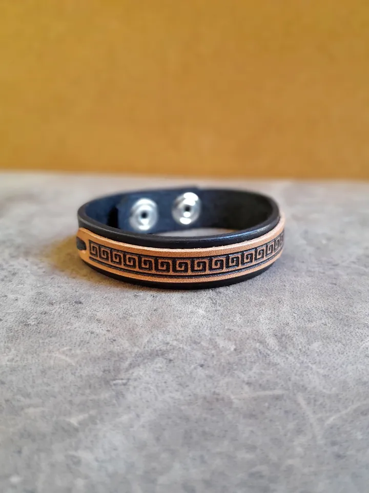 Meander Men's Leather Bracelet - Greek Key Meandros Design, Greek Inspired Jewelry, Minimalist Men's Wristband, Unisex Accessories