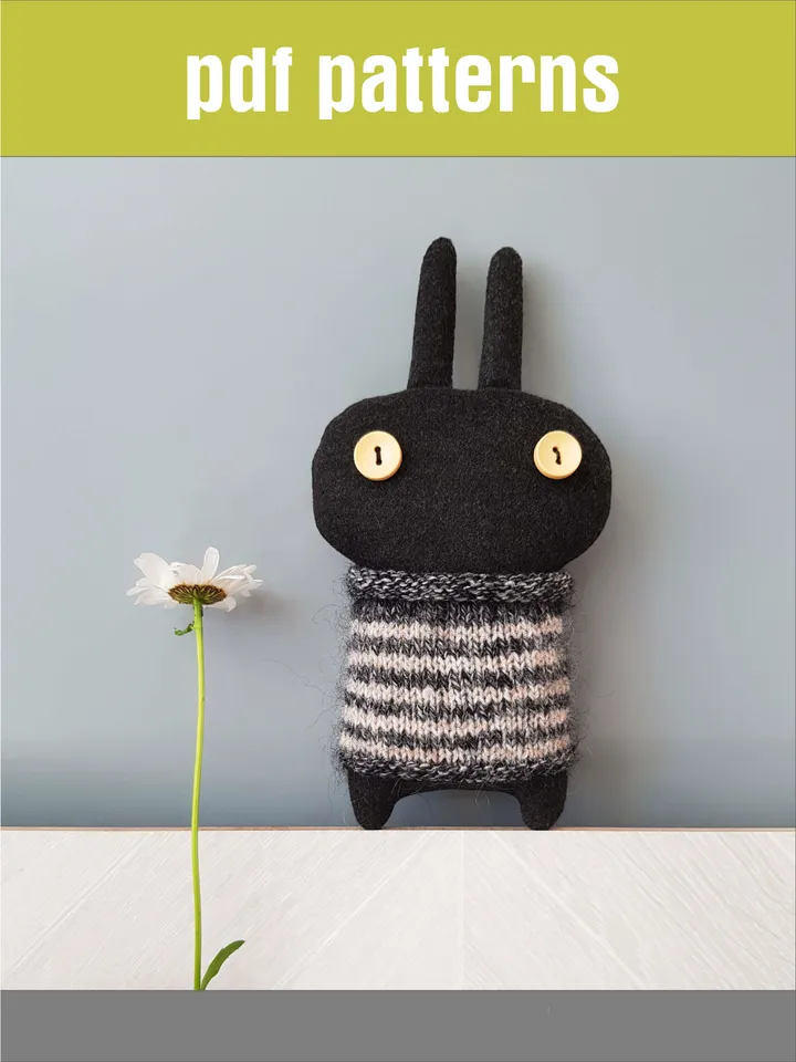 Black Rabbit pattern PDF for sewing and knitting, digital tutorial in english, stuffed animal DIY