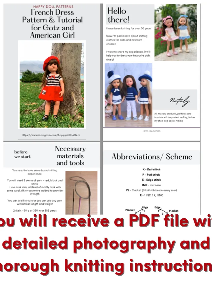 Dress for GOTZ doll KNIT patter / Christmas dress for 19-20 inch 45-50 cm doll, American Girl doll, clothes pattern PDF French dress, eng
