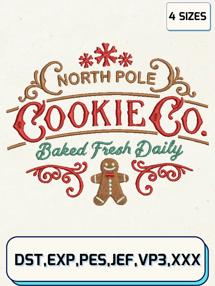 North Pole Cookie Co Gingerbread Embroidery Design,Christmas Embroidery Designs,Machine Embroidery Files,4 Sizes