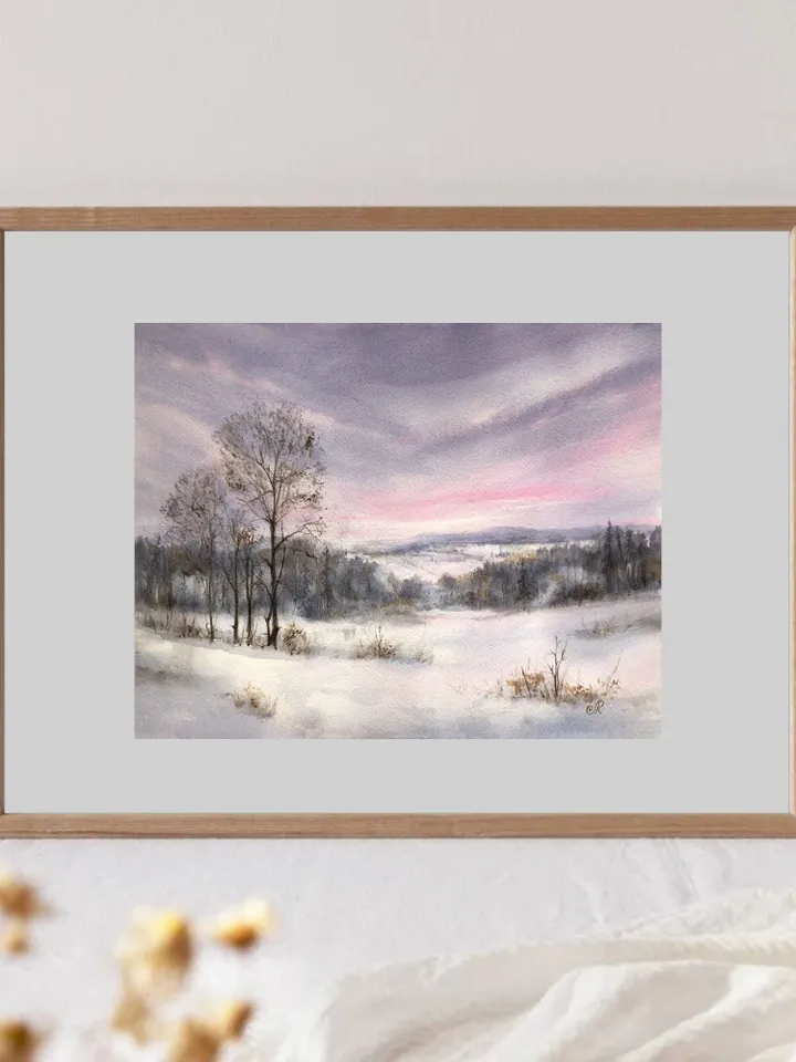 Winter Landscape Original Painting Winter Watercolor Painting