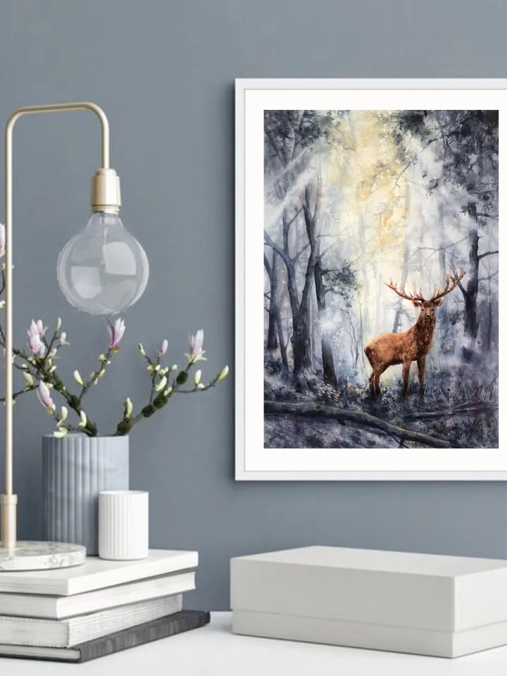 Forest Original Painting Sunset Watercolor Landscape Deer Wall Art