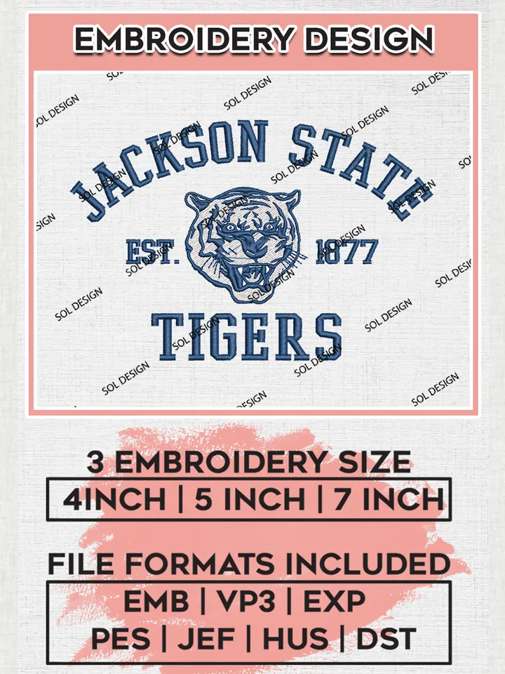 Jackson State Tigers Est 1877 Logo Embroidery Designs, NCAA Jackson State Tigers Team Embroidery, NCAA Team Logo, 3 sizes, Machine embroidery Files, Digital Download