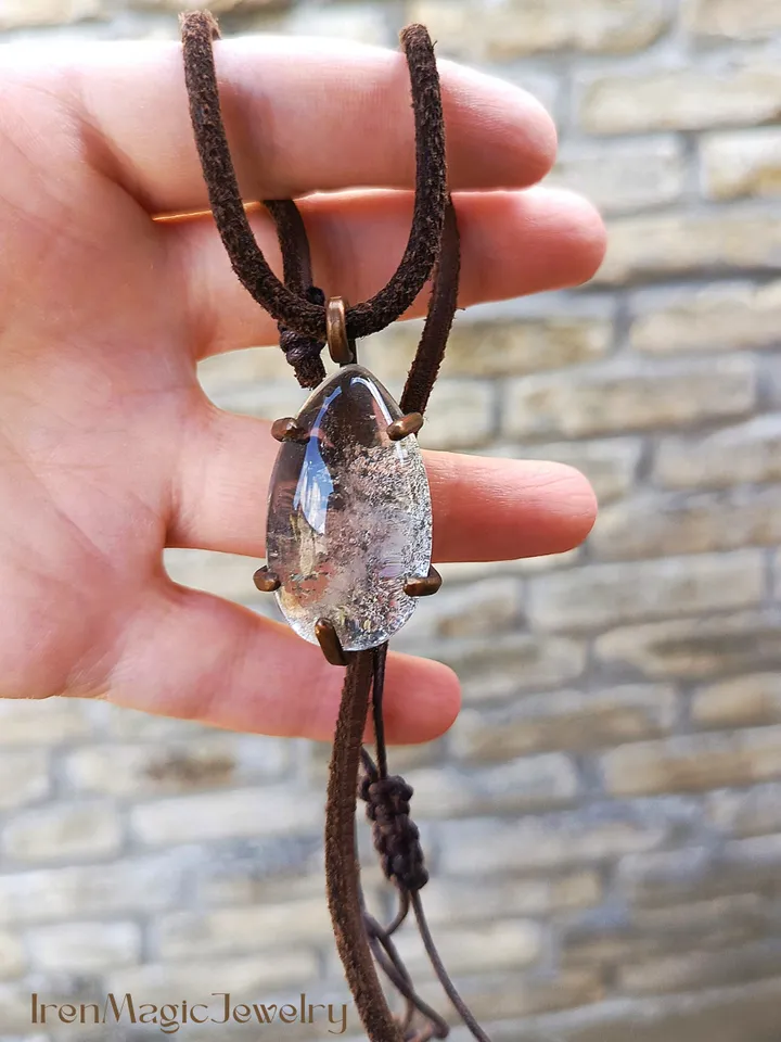 Aquarium Quartz Pendant in Copper Frame on Leather Cord
