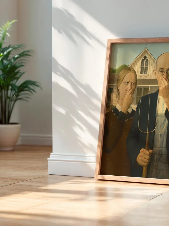 Funny American Gothic Bathroom Art Print Poster Altered Vintage Surreal Eclectic Prank Gift Maximalist Wall Decor Humor Digital Download