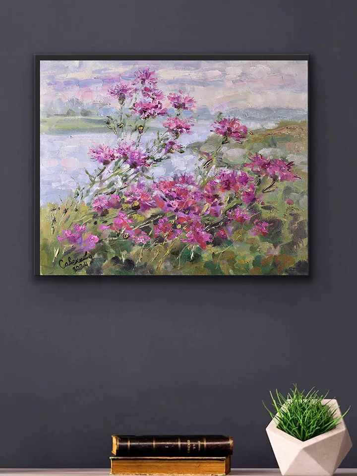 Wildflowers Painting Blooming Field Landscape Purple Flowers