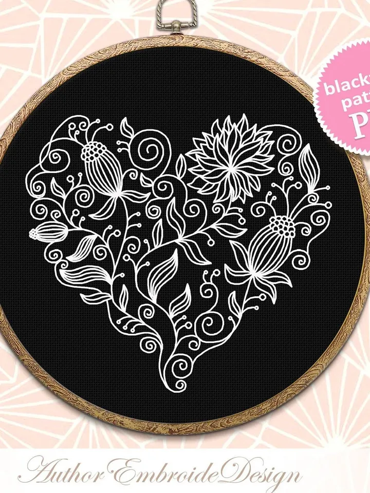 Floral heart blackwork pattern PDF download Flower heart embroidery, Backstitch chart Heart ornament, Floral curls Blackwork embroidery #W35