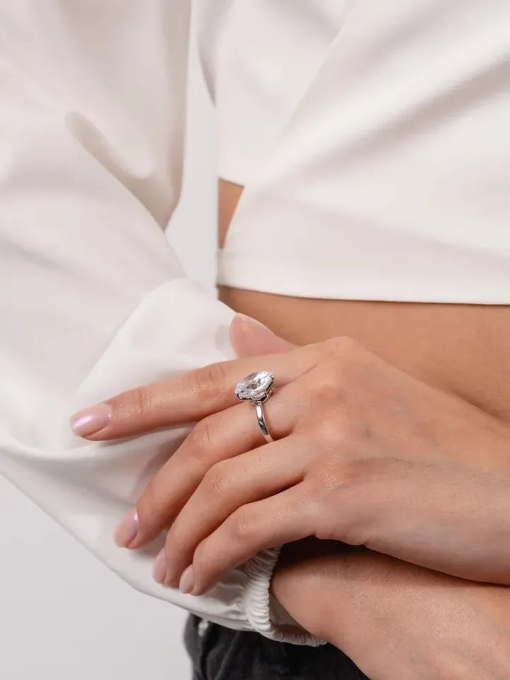 Rhodium plated ring with large cubic zirconia 14 mm made of 925 silver
