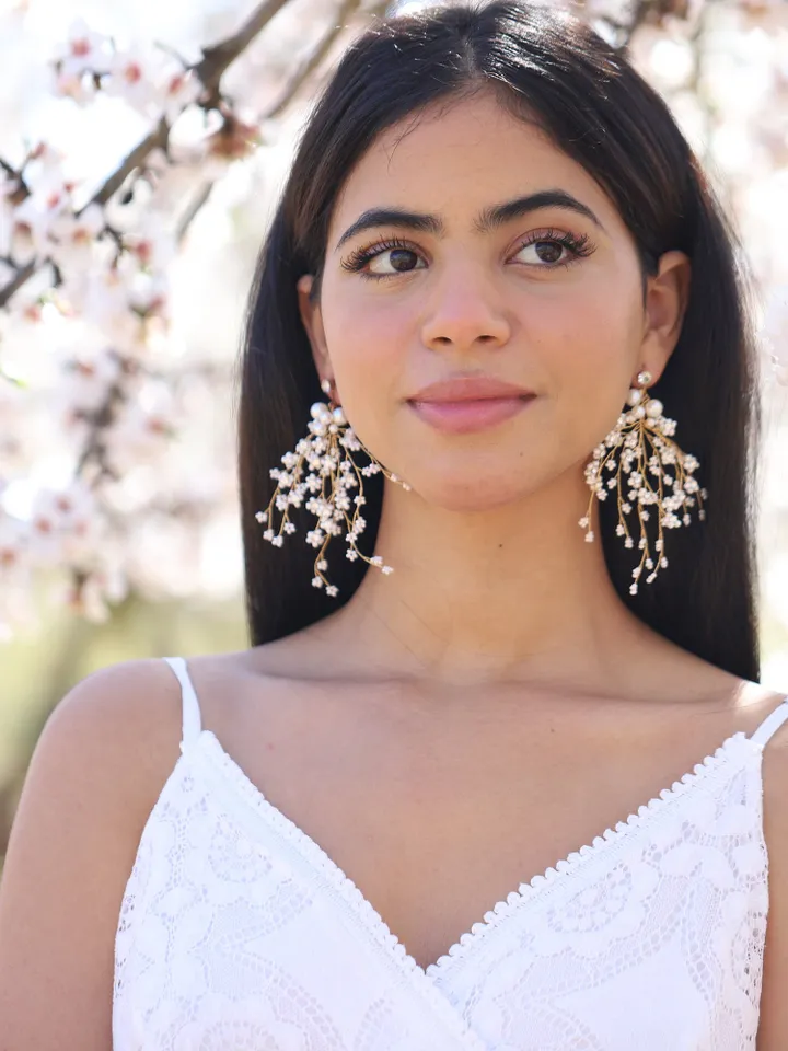 Long Boho Wedding Earrings, Pearl Bridal Earrings, Rose Gold Chandelier Wedding Earrings, Statement Bridal Jewelry, Statement Earrings