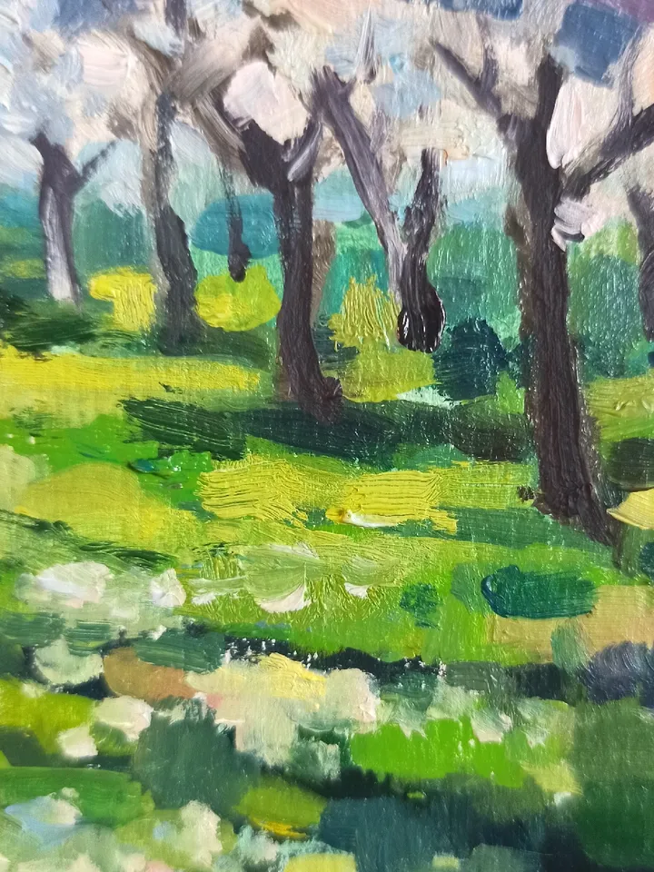 Bright Landscape Flowering Fruit Trees Beautiful Garden Small Oil painting 5x7 inches Cherry Blossoms