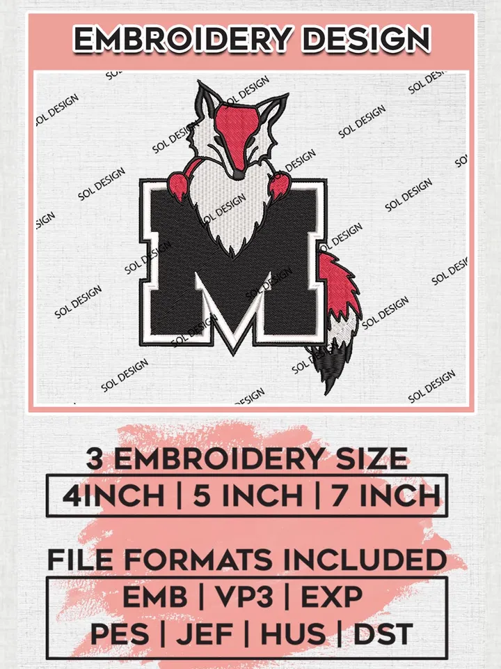 NCAA Marist Red Foxes Football Team Logo Embroidery Design Files, NCAA Marist Red Foxes Machine Embroidery, NCAA Teams, Game Day, 3 sizes, NCAA Machine embroidery designs, Digital Download