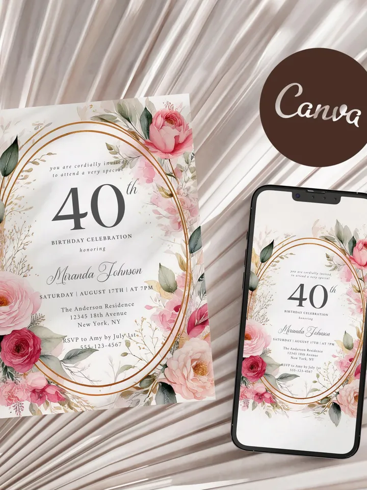 40th Birthday Invitation for Women – Blush Pink & Gold Floral, Elegant Printable Party Invite for Wife or Mother, Digital Canva Template