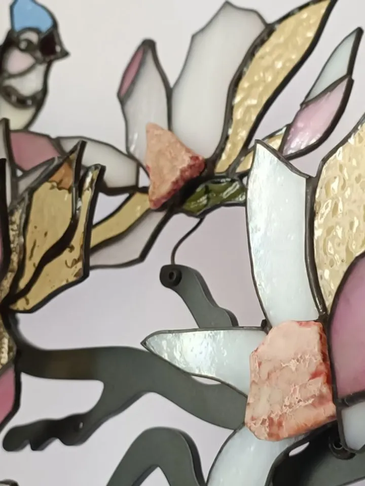 Stained Glass: Lovebirds – Blue Jays on Magnolia Branch with Agates, Stained Glass Bluebirds on Magnolia Branch, Romantic Stained Glass Lovebirds with Agates, Blue Jays on Magnolia – Stained Glass Art, Handmade Stained Glass Birds and Blossoms