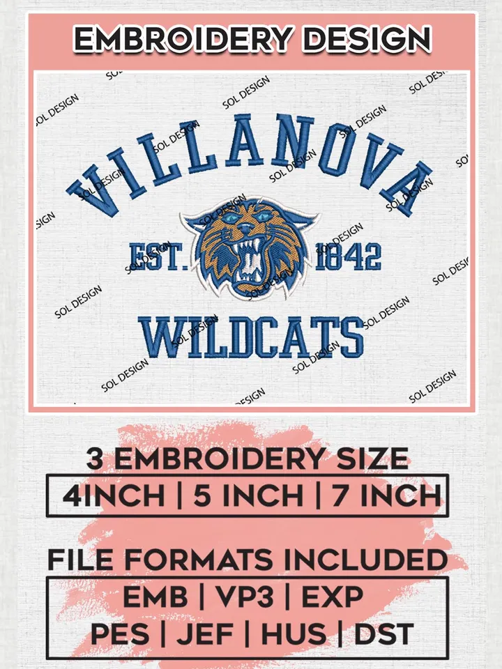Villanova Wildcats Est 1842 Logo Embroidery Designs, NCAA Villanova Wildcats Team Embroidery, NCAA Team Logo, 3 sizes, Machine embroidery Files, Digital Download