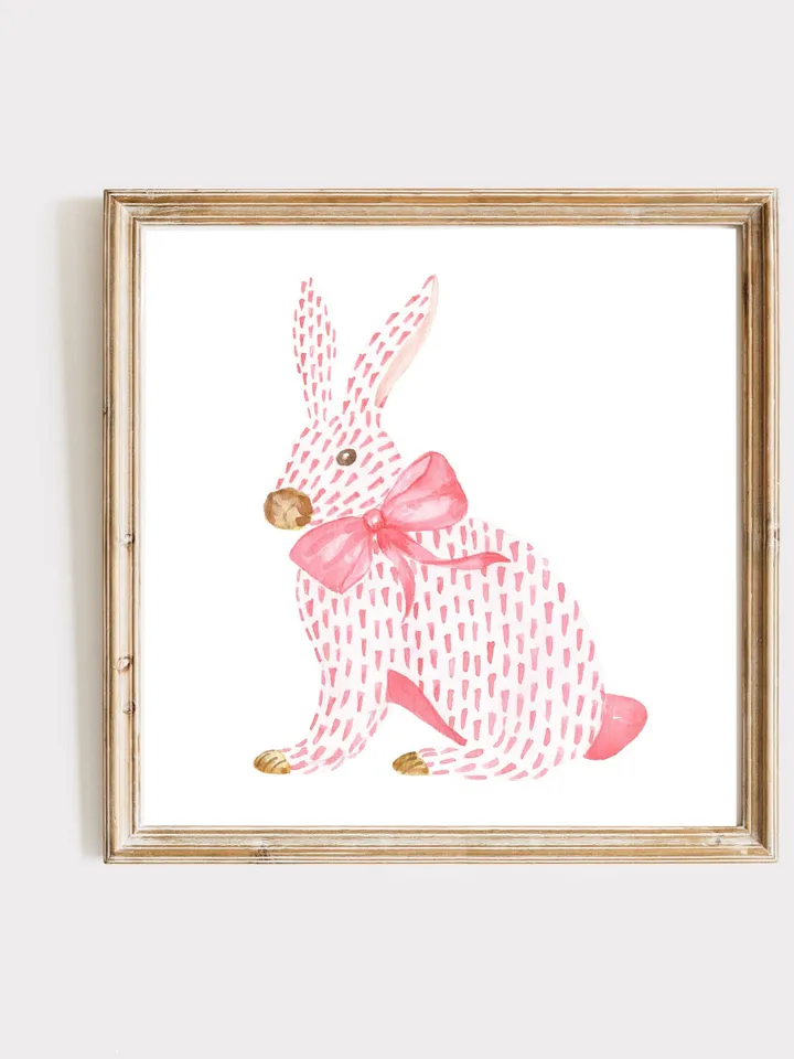 Pink Rabbit Watercolor Painting, Chinoiserie Rabbit, Pink Bunny Nursery, Baby Easter, Chinoiserie Bow Art, Pink Bow Art, Girls Room Decor