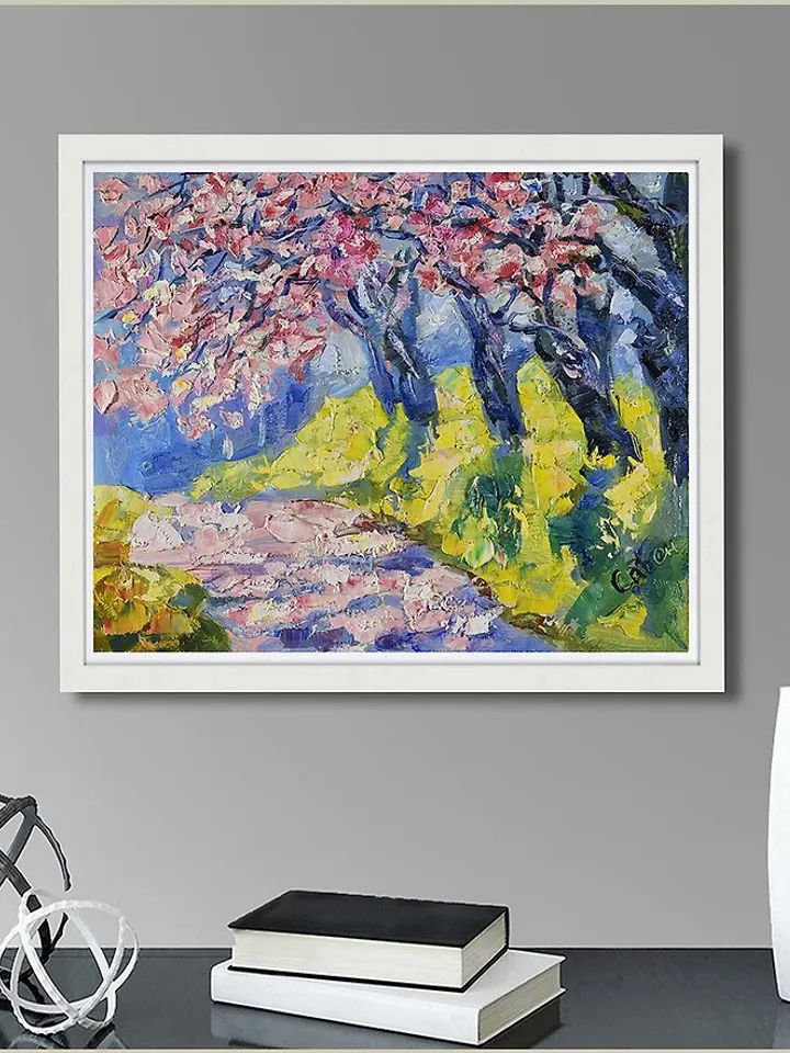 Cherry Blossoms Painting Spring Landscape Original Art Park Alley