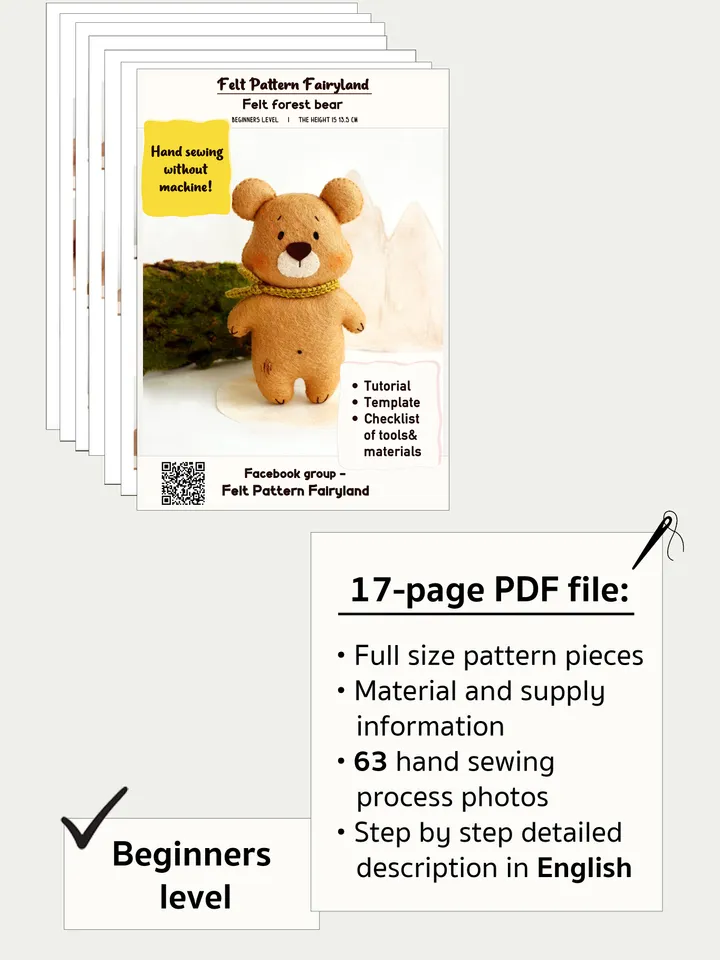 Felt woodland bear hand sewing PDF tutorial with patterns. DIY forest animal pattern. Soft bear toy template