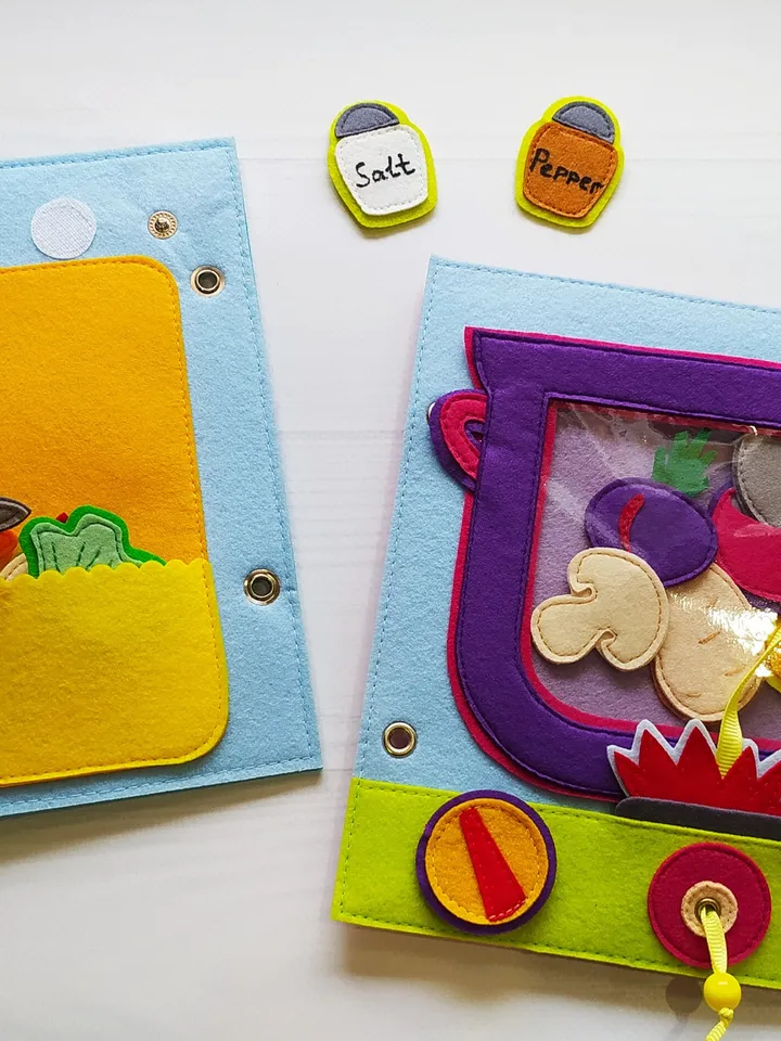 Kitchen Quiet book Pattern pdf , Cooking Felt book pattern , Baby Soft  book template, Busy book sewing ideas for girl 2, 3, 4 year old