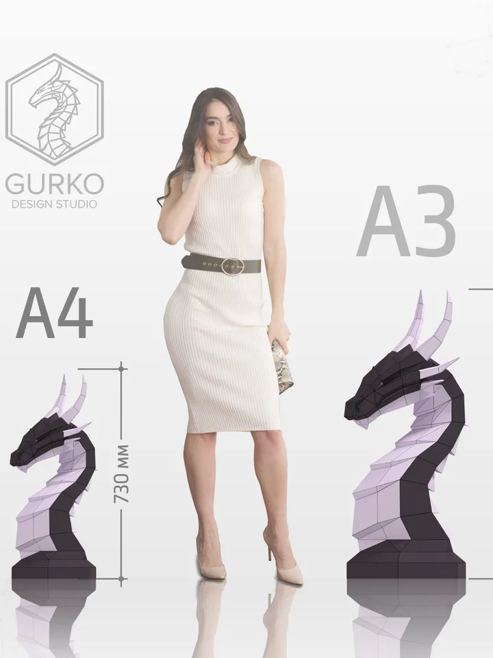 Papercraft Dragon Chess Piece Horse, Digital Template, PDF Download, Gurko, LowPoly, Pepakura, DIY Origami Sculpture, Paper Party Decoration