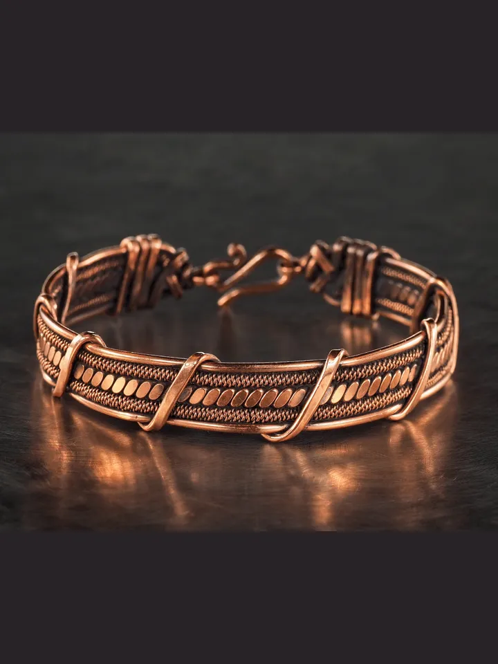 Wire wrapped bracelet, Unique 7th 22nd Anniversary gift idea, Art Nouveau antique style, One of kind braided statement bangle, Handmade oxidized pure copper jewelry, Pain relief, EMF protection