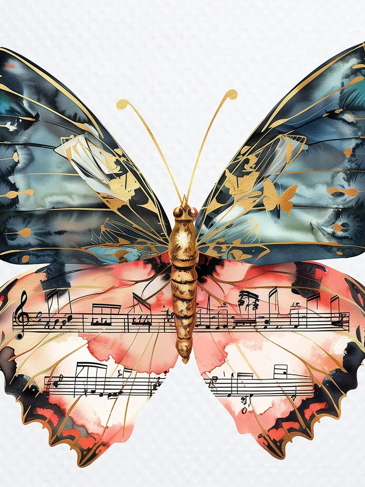 12 PNG Butterfly Music Notes Clipart Bundle, Butterfly Wall Print, Printable Watercolor Butterfly for sublimation, Paper craft, junk journal