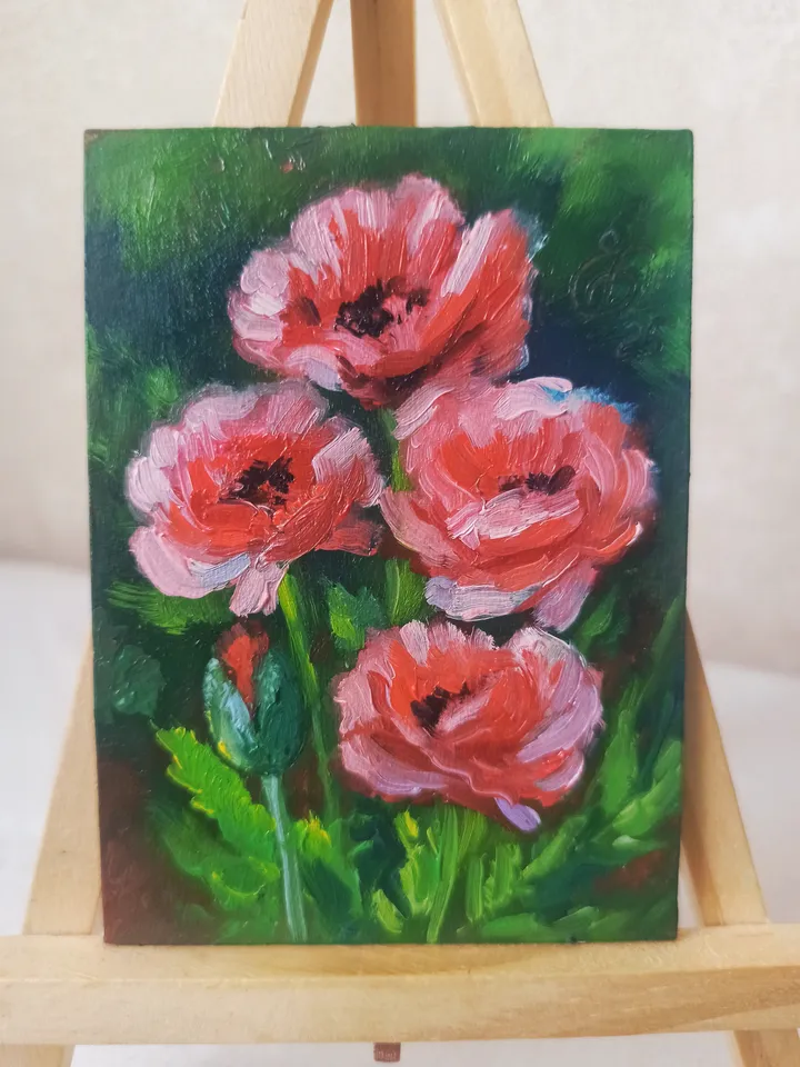 Original oil painting ACEO, Red-pink poppies, Red flowers, Blooming garden, Collection card 2,5x3,5 in