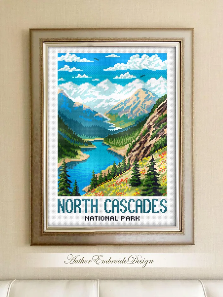 North cascades national park cross stitch pattern PDF download Travel poster cross stitch chart, Mountain landscape pattern digital PDF #L97