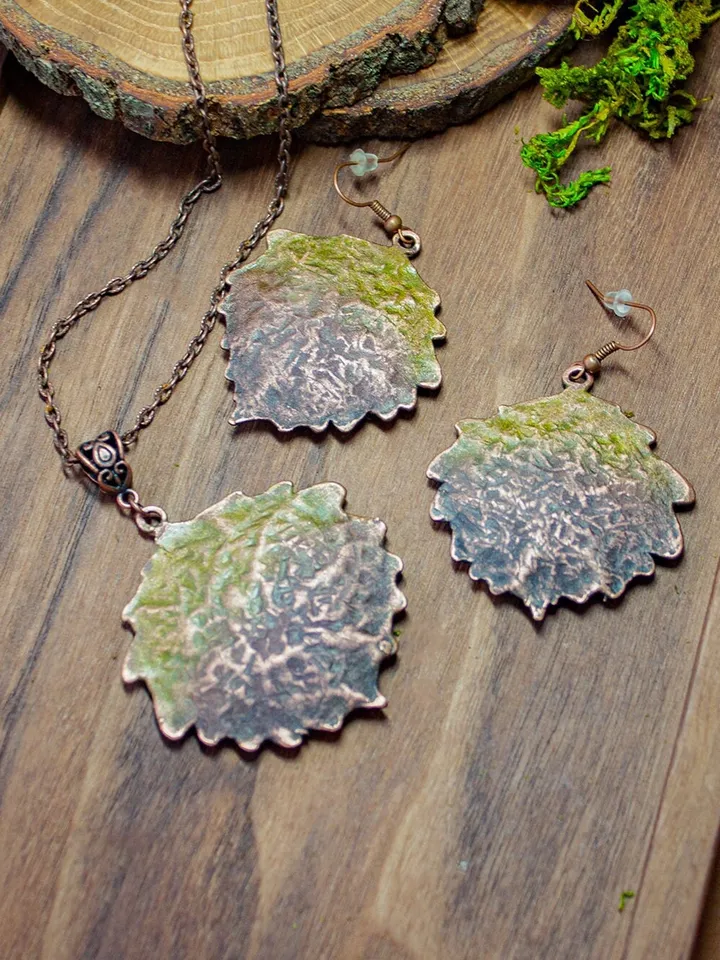 Set Aspen leaf pendant and earrings, real copper leaves, real aspen leaf, Nature Lover, Electroforming, Gift for wife