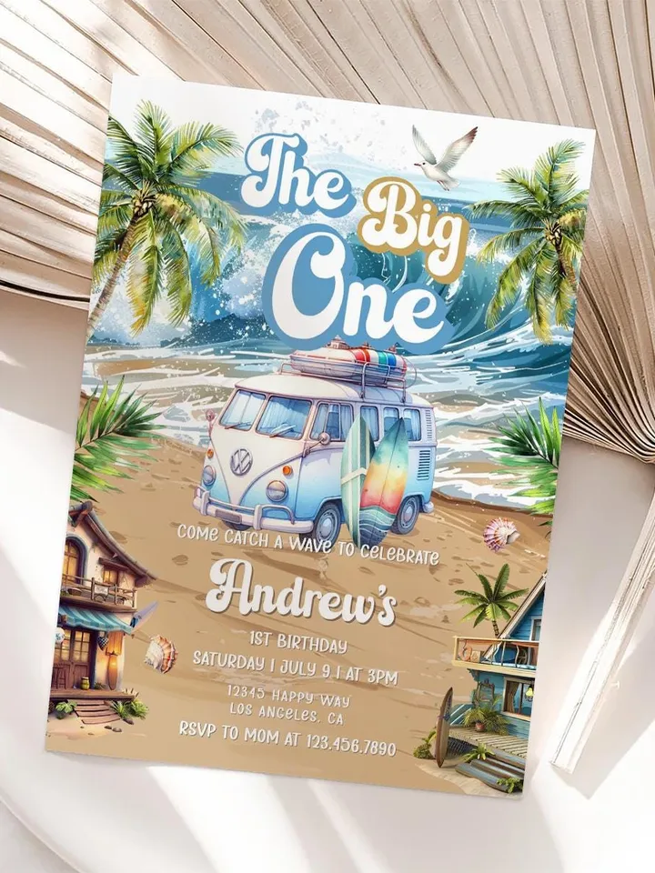 The Big One Surfing Invitation, Retro Boy Surf Surfboard, Editable Beach Pool Party Invite, Summer 1st Birthday, Printable Canva Template
