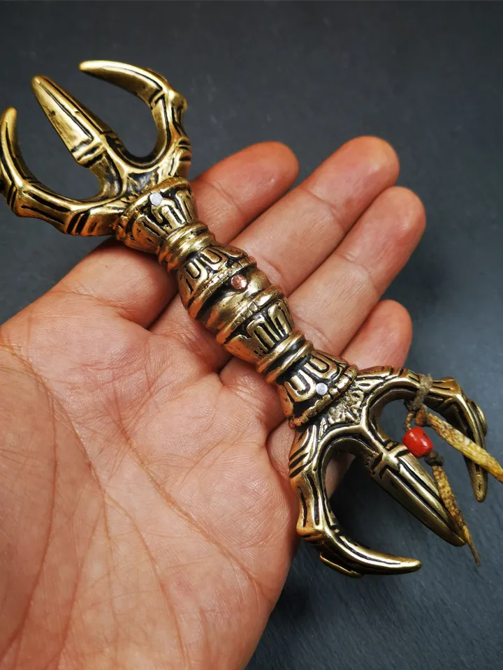 Gandhanra Unique Flat Three-pronged Vajra Dorje,Tibetan Buddhism (Vajrayana) Ritual Implement,Made of Brass,30 Years Old