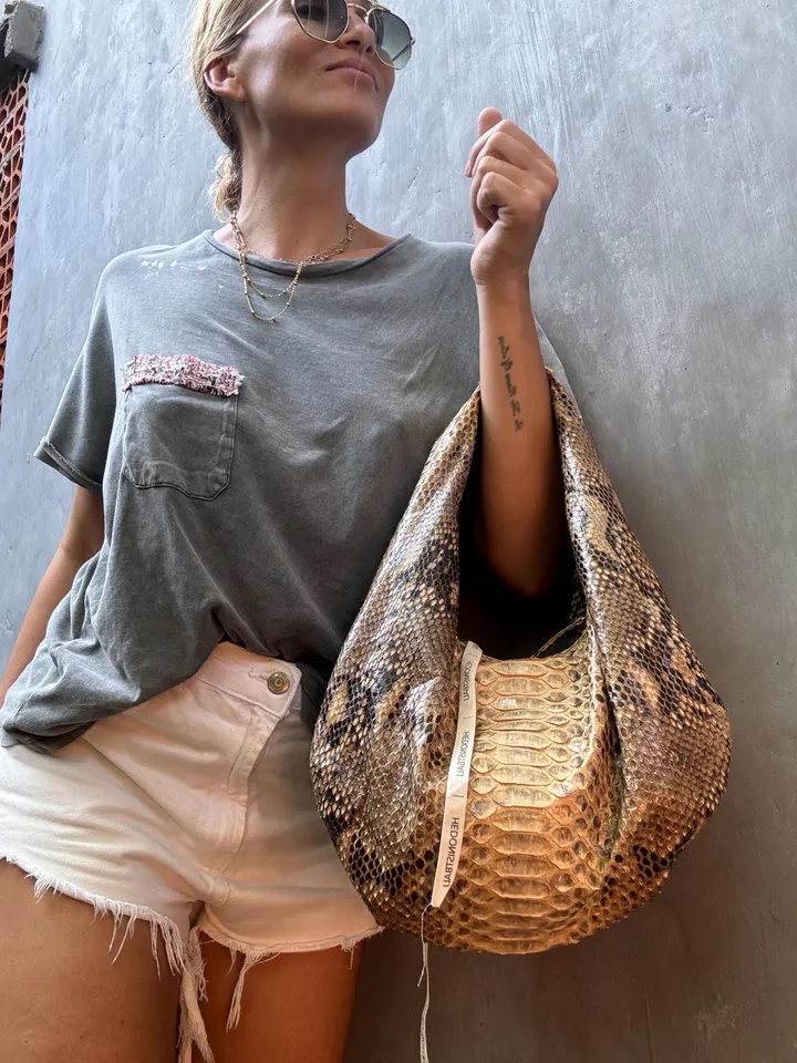 Medium Soft Hobo Classy Sport Woman Bag | Purse Genuine Python Skin | Reptile Skin Products | Cream Elegant Leather Designer Soft Bag Snake
