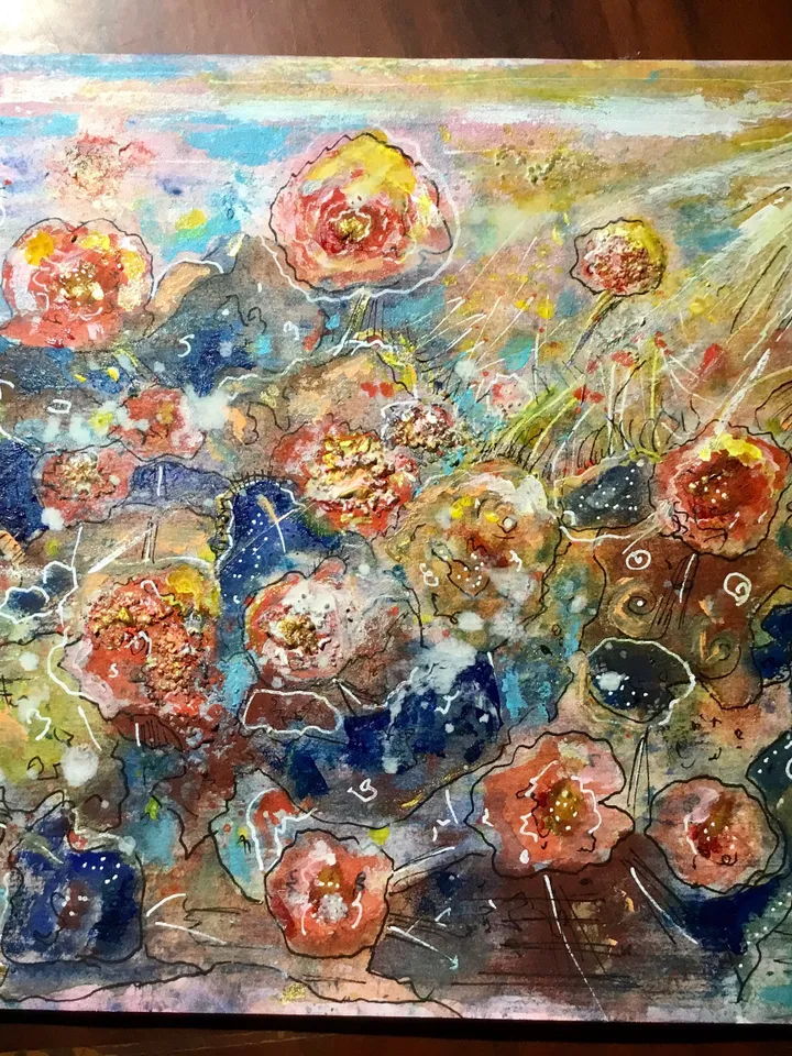 Abstract fantasy mix media watercolour and acrylic original painting on paper,abstract wall art,landscape flowers pink gold.