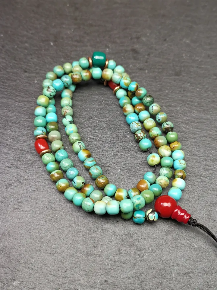Gandhanra Old 108 Turquoise Beads Necklace Mala,Tibetan Prayer Beads for Meditation Practice ,Diameter 0.23", Circumference 24 inches