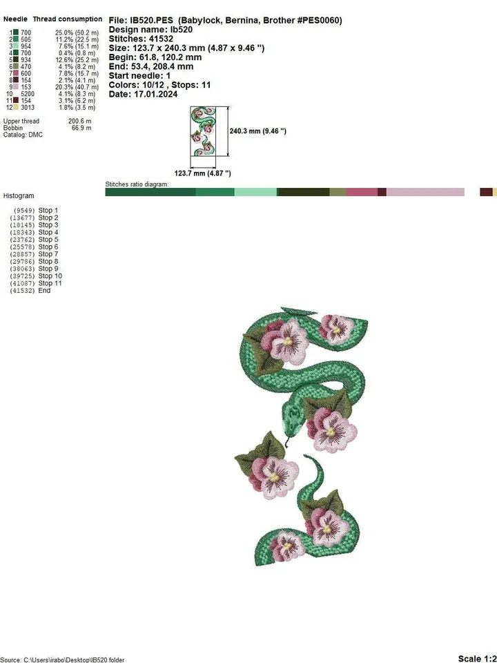 Machine embroidery design for cuffs “Forest Snakes”