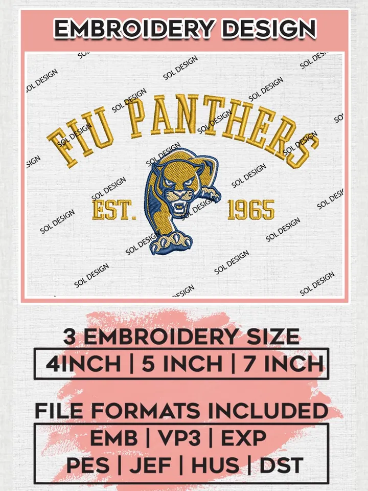 Florida International Panthers Est 1965 Logo Embroidery Designs, NCAA Florida International Panthers Team Embroidery, NCAA Team Logo, 3 sizes, Machine embroidery Files, Digital Download
