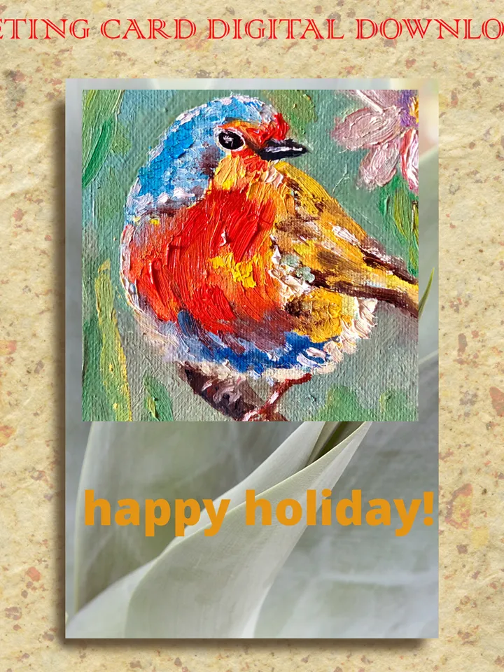 Digital greeting card, Bird and flower postcard, Happy Holiday E-card, Instant digital download