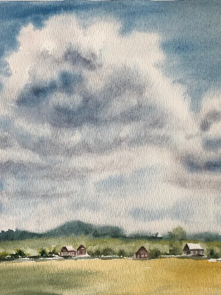 Clouds over the village landscape original watercolour painting wall art hand painted