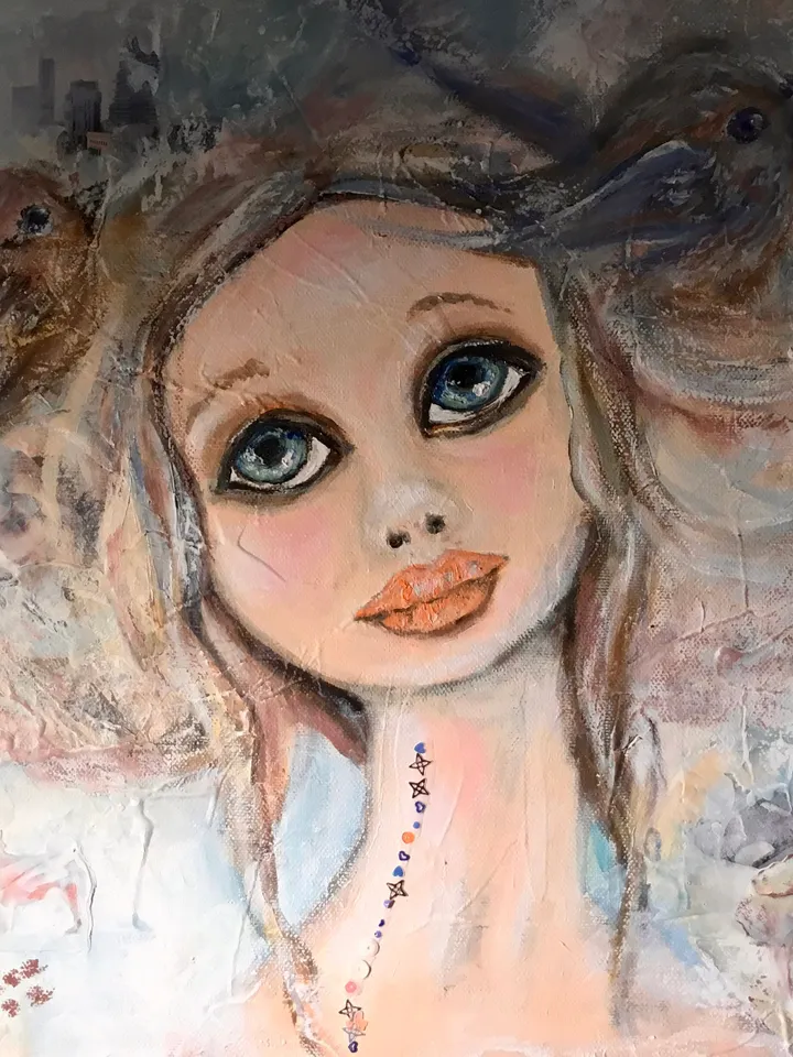 Lucky dreamer- mix media doll and birds painting on stretched canvas,original painting,one of a kind.