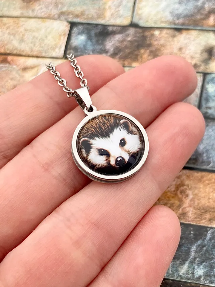 Hedgehog head necklace, steel pendant with glass, Hedgehog lover gift