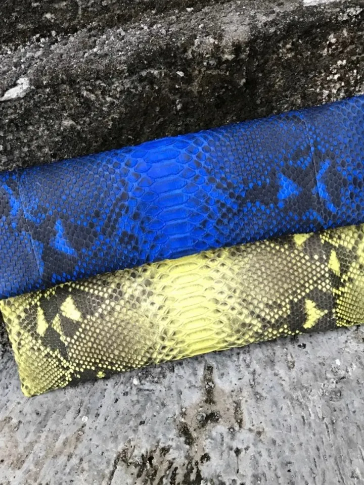 Genuine python skin blue and yellow colorblock handmade clutch, classy elegant leather envelope bag, purse free shipping, flat snake clutch