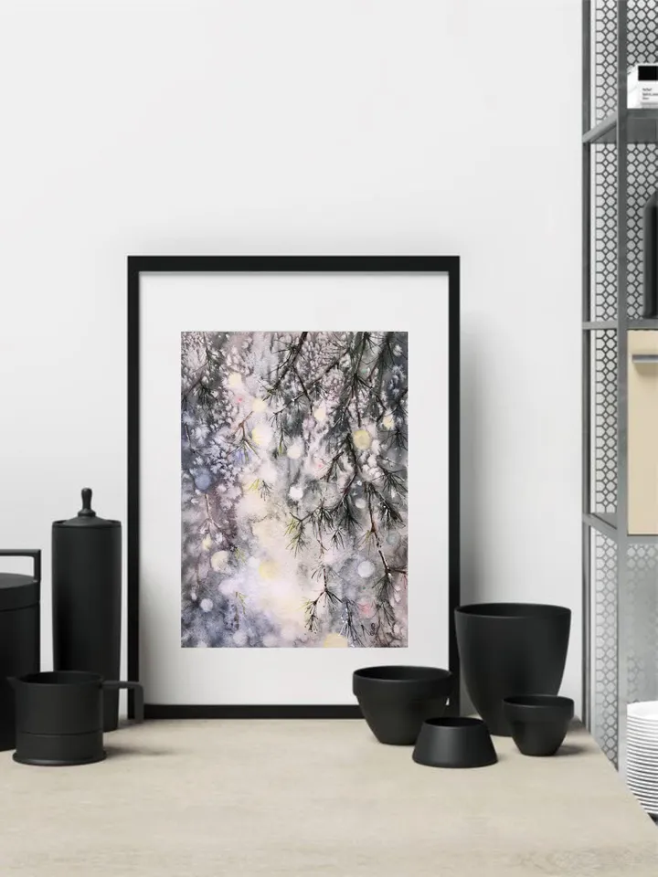 Forest Original Painting Trees Wall Art Winter Watercolor Painting