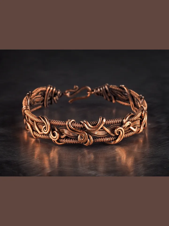 Wire wrapped bracelet, Unique 7th 22nd Anniversary gift idea, Art Nouveau antique style, One of kind braided statement bangle, Handmade oxidized pure copper jewelry, Pain relief, EMF protection