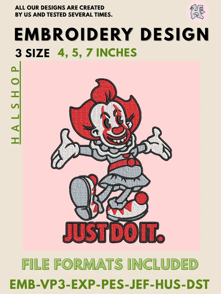 Pennywise x Nike Machine Embroidery Design – Horror Clown Digital Embroidery File 🎈