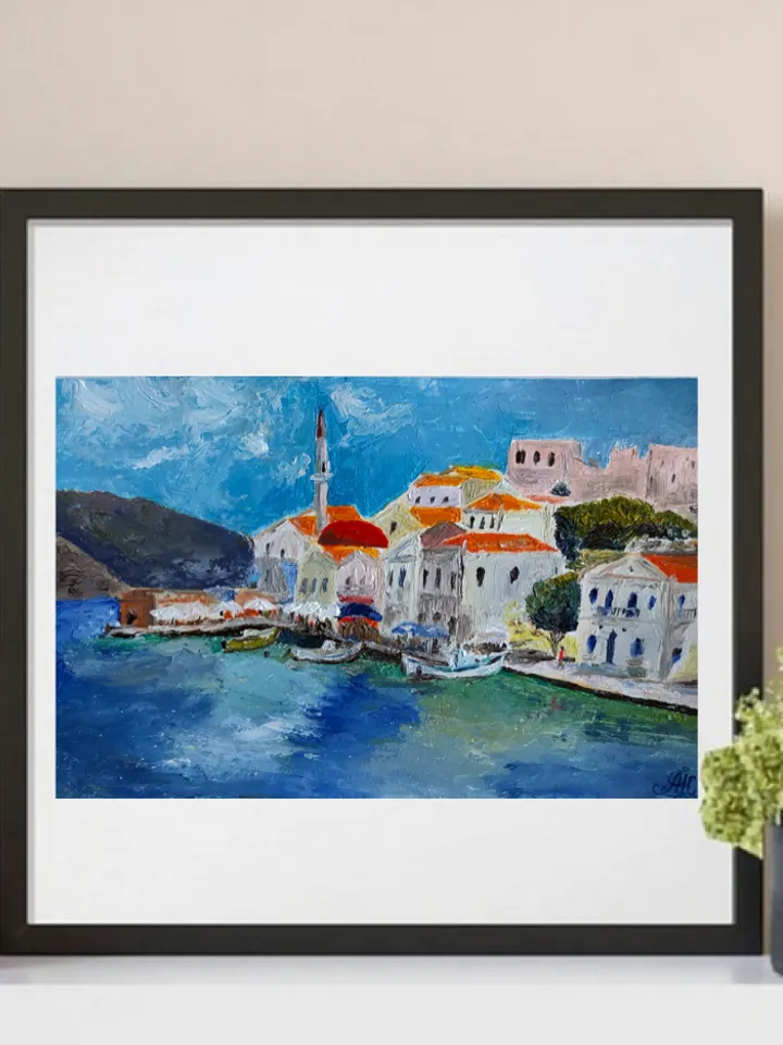 Cityscape Original oil painting landscape wall art seascape 8,3/5,3 inches handmade