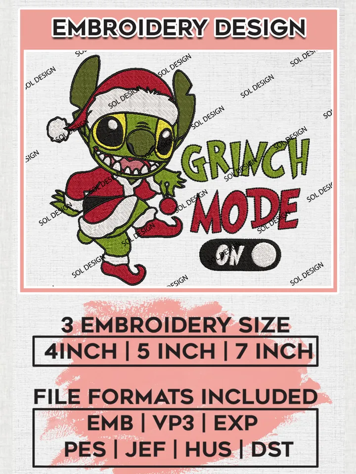 Grinch Mode On Embroidery Design Files, Grinch Machine Embroidery, Holiday Season Mode Grinch Embroidery, 3 sizes, Cute Christmas Machine embroidery designs, Digital Download
