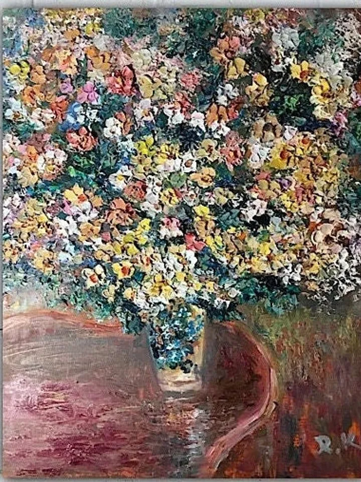Colourful bouquet of flowers in a vase,one of a kind,impressionistic textured impasto oil painting on 3d stretched canvas,wall decoration.