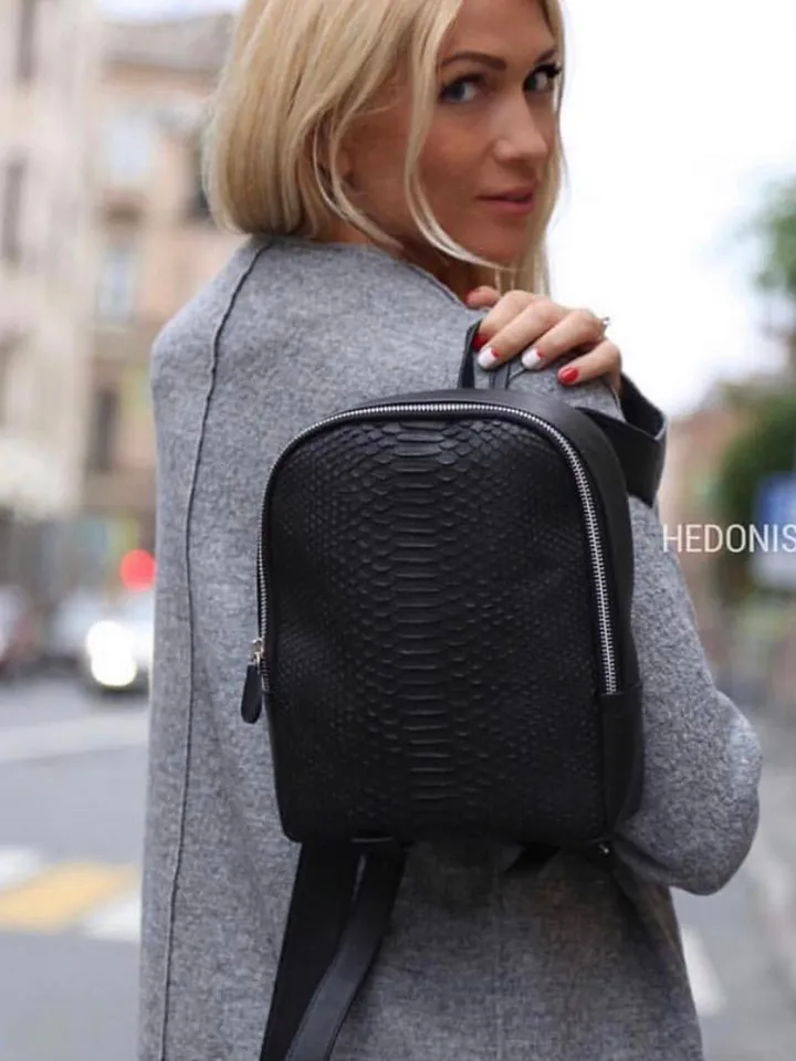 Leather black backpack python skin woman | Leather Rucksack | Girls Backpack Snake Skin | Backpack purse handmade genuine leather