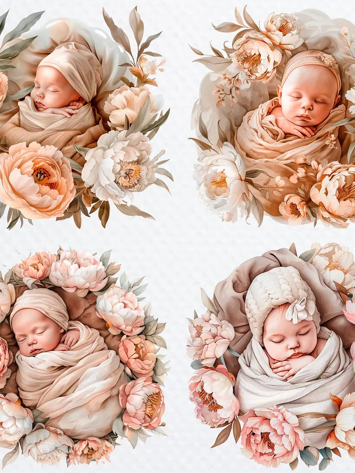 12 Baby in Flowers PNG Bundle, Baby Shower Printable Watercolor clipart for sublimation, High Quality PNG, Digital Paper craft, junk journal